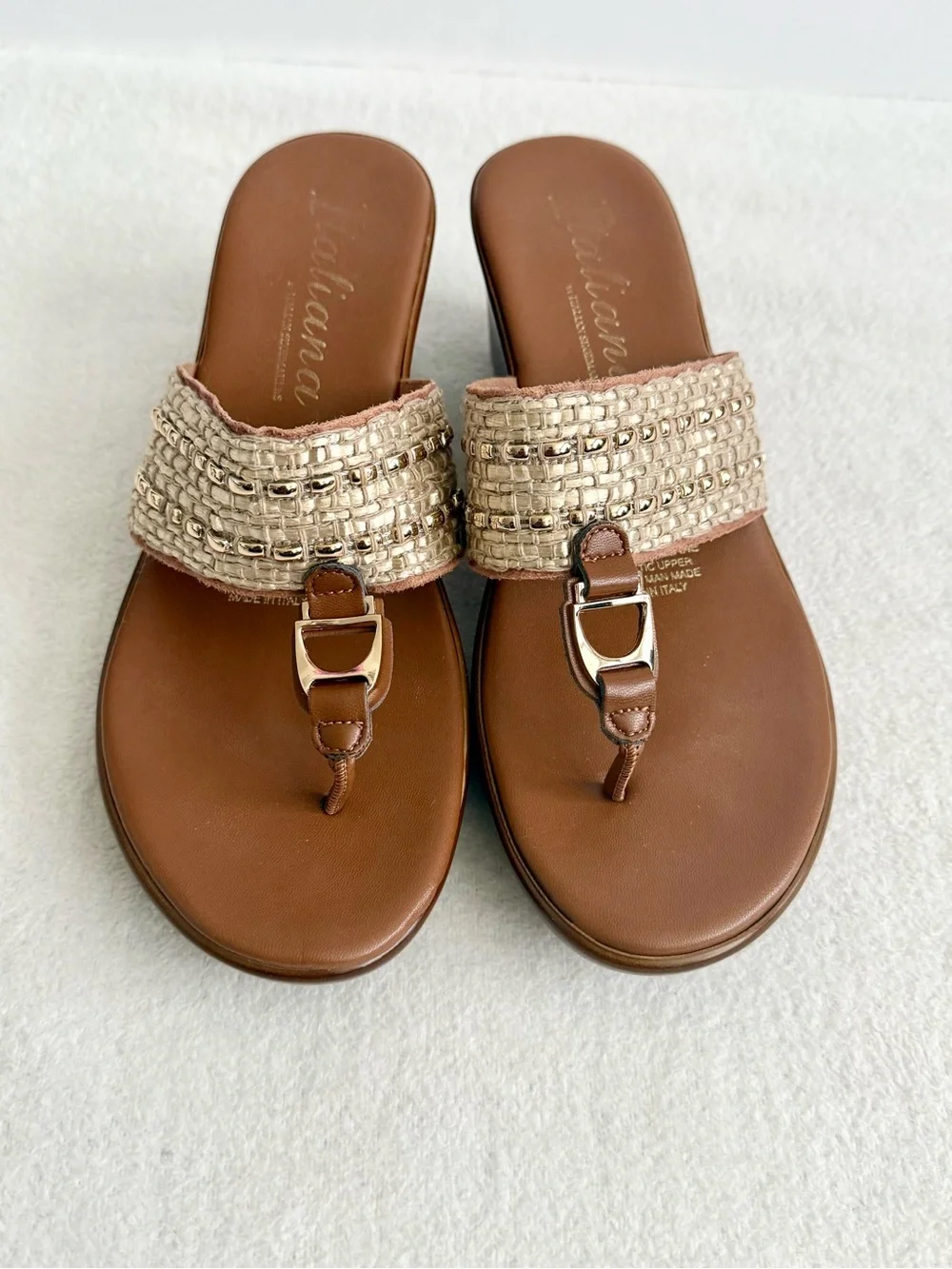 Italian Shoemakers Brown Wedge Thong Sandals with Metallic Braided Strap